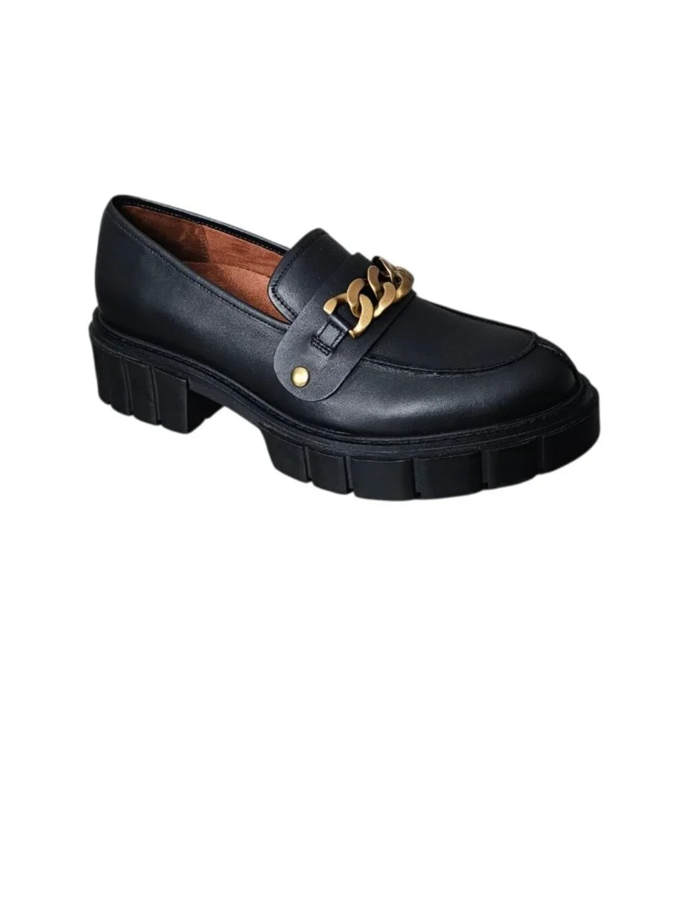 Vionic Elodie Leather Lug Sole Chain Loafer Slip On Platform Shoes New Black 10